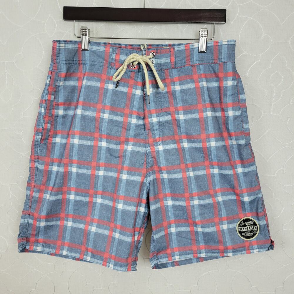 Ocean & Earth Swim Trunks Mens L Blue Red Plaid Lace Up Fly Netted Surf Beach